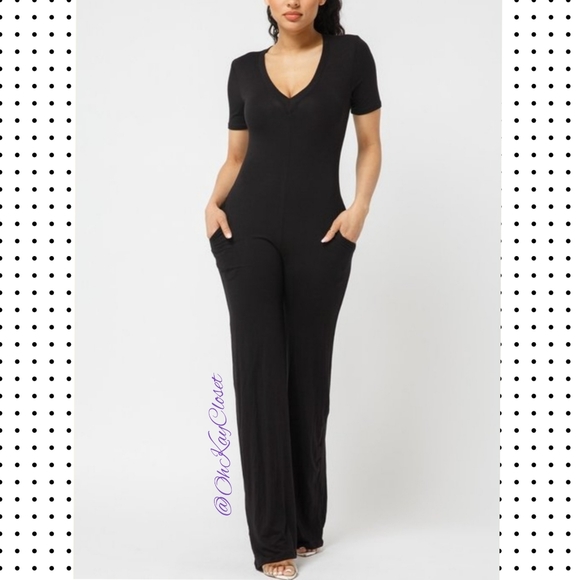 OntheGo V-neck Jumpsuit with hand Pockets Black Large 8/10 stretch style comfort - Picture 3 of 6